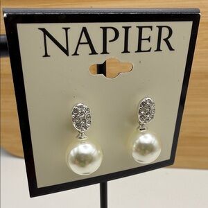 NWT Napier Silver Tone Faux Pearl Sparkling Drop Earrings